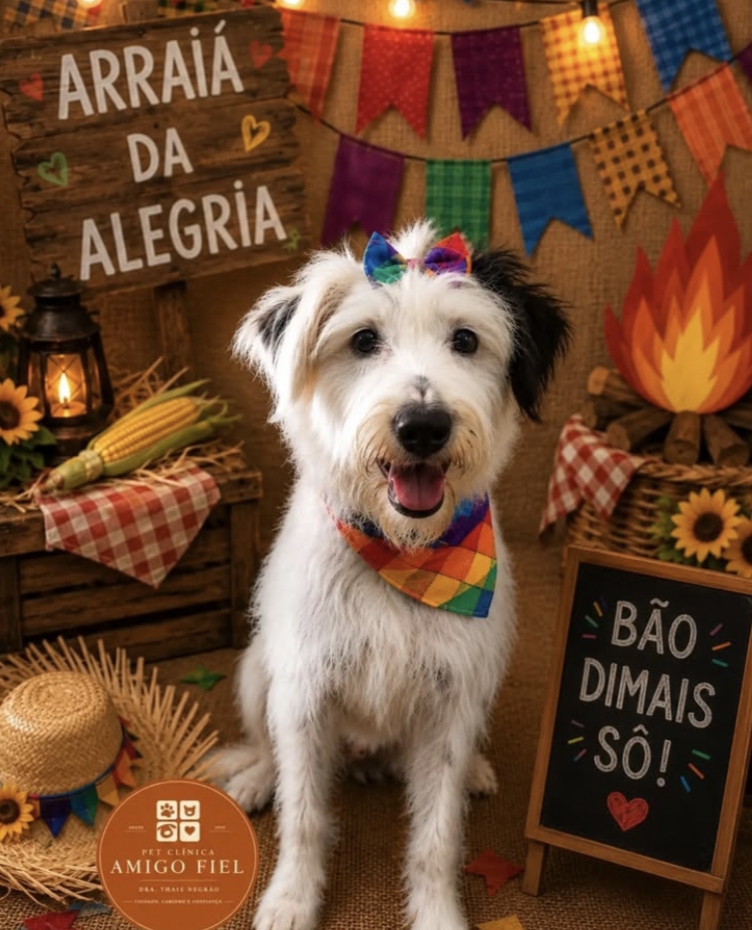 Cão fantasiado em evento especial da Pet Clínica Amigo Fiel